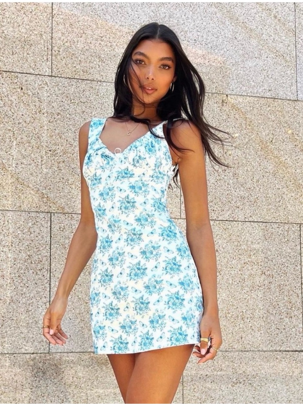 With Jean White Mini Dress with Blue Floral Print